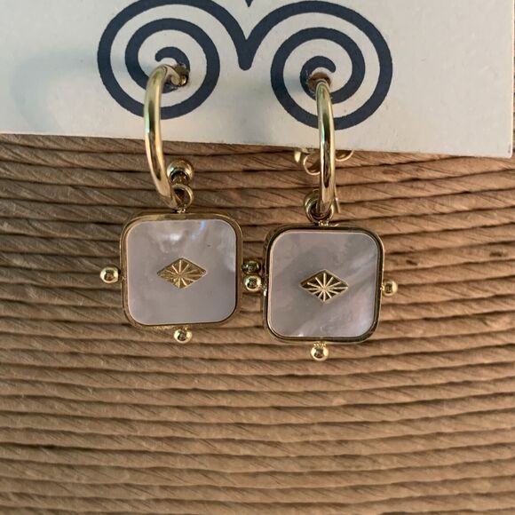 Trades By Haim Shahar Gold plated hoop earrings with Mother of Pearl NEW Spain - Picture 1 of 4